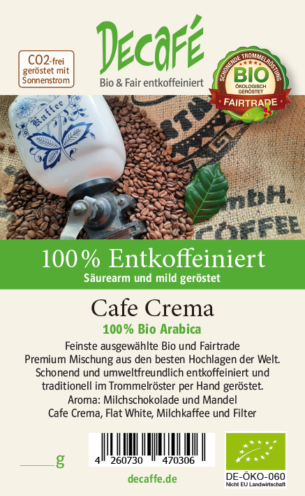 DECAFE Bio Cafe Crema 100 %  Entkoffeiniert 500g