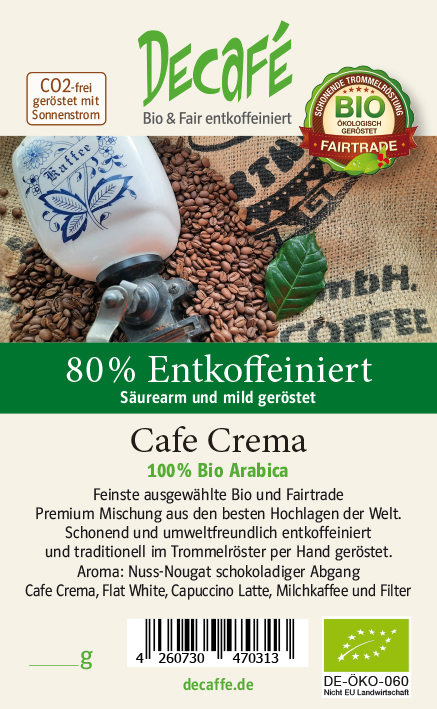 DECAFE Bio Cafe Crema 80 % Entkoffeiniert 500g